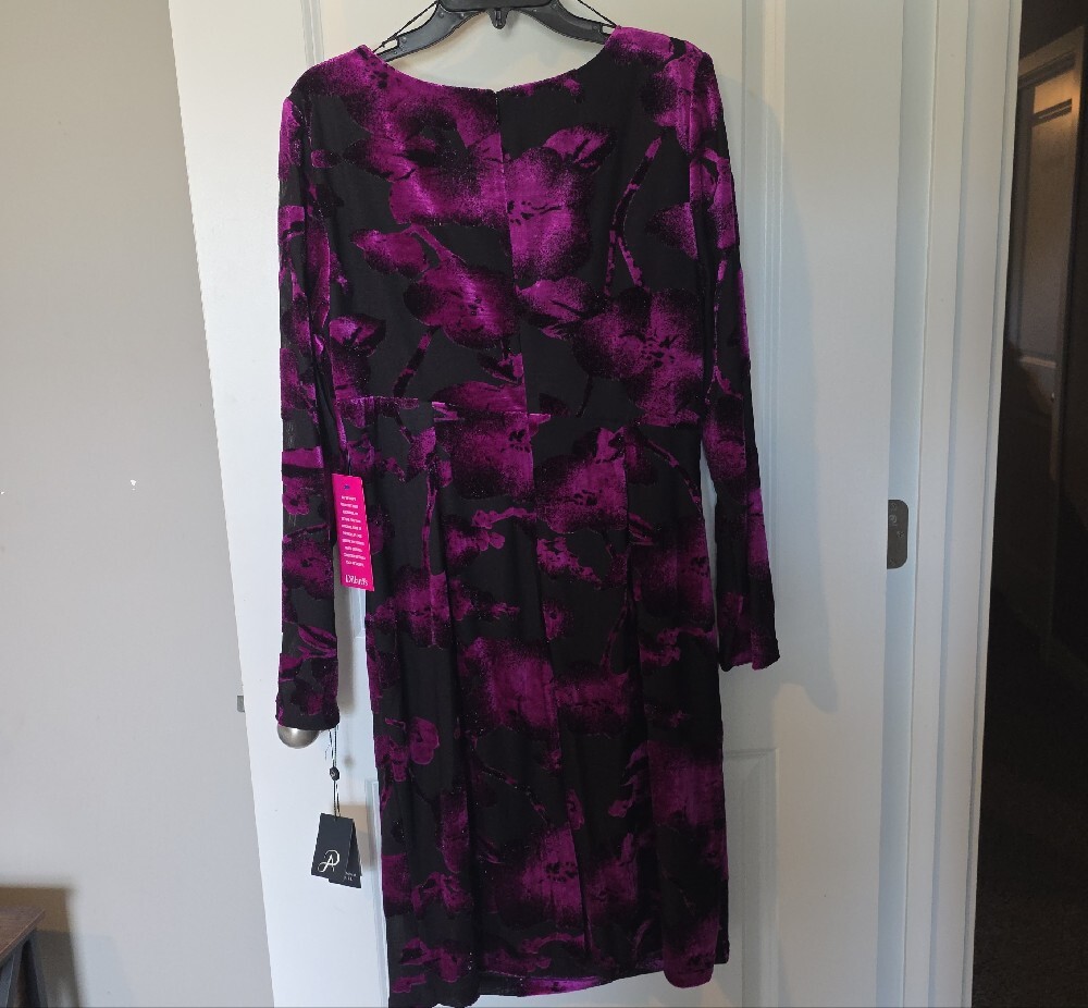 Adrianna Papell Black and Purple Floral Wrap-Style Long Sleeve Dress - Picture 9 of 13